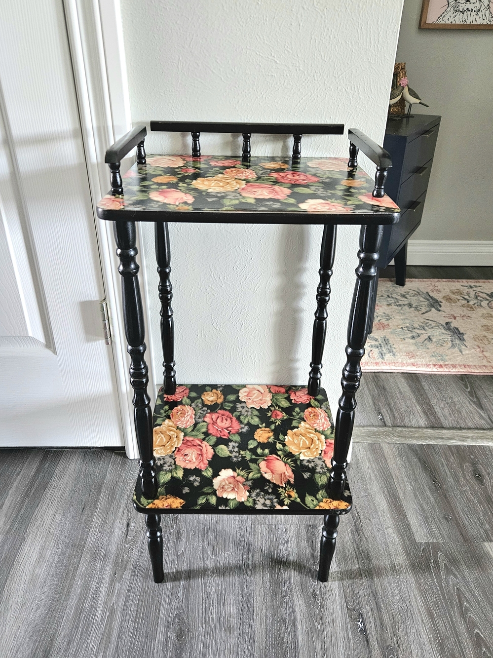 Vintage Black Two Tier Telephone Stand With Moody Floral Decoupage Accents